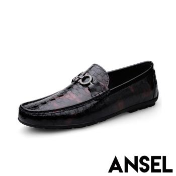 【ANSEL】真皮壓格馬銜釦休閒樂福鞋/真皮頭層牛皮時尚壓格馬銜釦飾休閒樂福鞋 男鞋 酒紅
