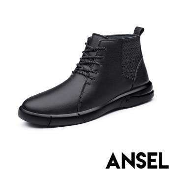 【ANSEL】真皮時尚花紋平底短靴/真皮頭層牛皮時尚花紋拼接個性平底短靴 男鞋 黑
