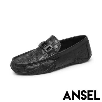【ANSEL】真皮拼接格子休閒樂福鞋/真皮頭層牛皮時尚混搭材質拼接格子休閒樂福鞋 男鞋 黑