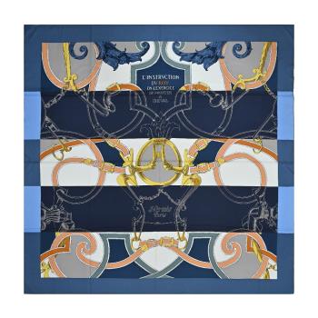 Hermes 愛馬仕 LInstruction du Roy Bayadere 140 cm手工捲邊喀什米爾與真絲混紡方巾(石板藍/海軍藍/金)