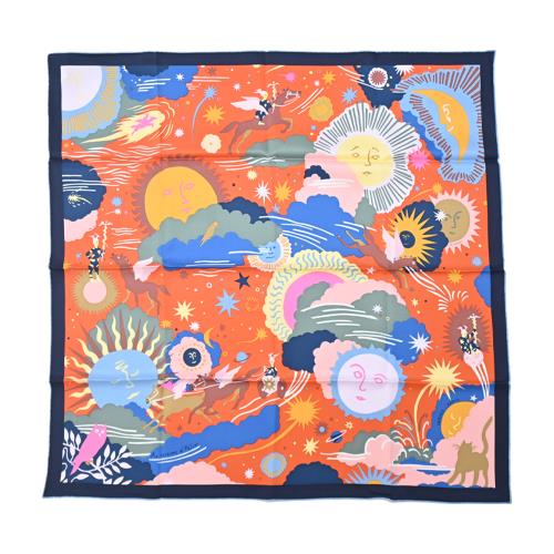 Hermes 愛馬仕 Au Royaume dHelios 70 cm手工捲邊斜紋真絲方巾(深橘/藍/黏土綠)