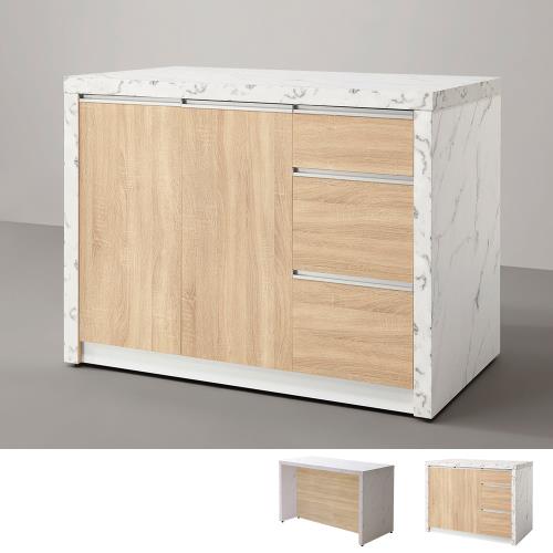 Boden-卡諾斯4尺中島型吧台桌+餐櫃/多功能收納餐桌櫃-白色仿石面+梧桐木紋