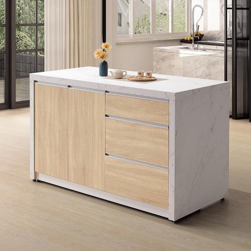 Boden-卡諾斯5.1尺中島型吧台桌+餐櫃/多功能收納餐桌櫃-白色仿石面+梧桐木紋