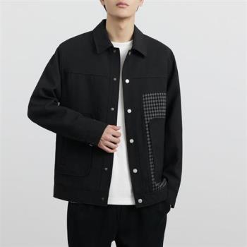 【米蘭精品】保暖外套休閒夾克-微寬鬆風格翻領黑色男外套74gb5
