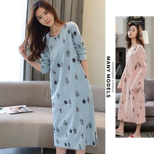 【STizi 史堤茲】印花居家長袖睡裙 連身服 連身睡衣(S009)