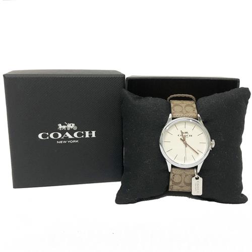 【COACH】滿版C LOGO錶帶小吊牌女用手錶禮盒(棕)
