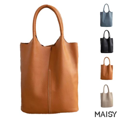 【MAISY】時尚百搭通勤真皮大容量子母托特包(現+預  黑色／棕色／藍色／卡其色)