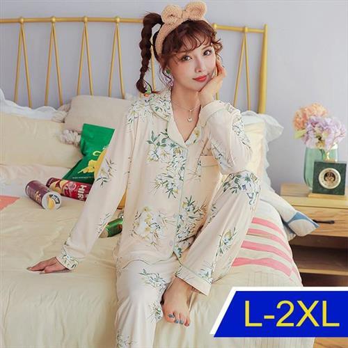 【韓國K.W. 】米黃花棉質立領高質感休閒家居服(親膚/舒適/休閒/睡衣)