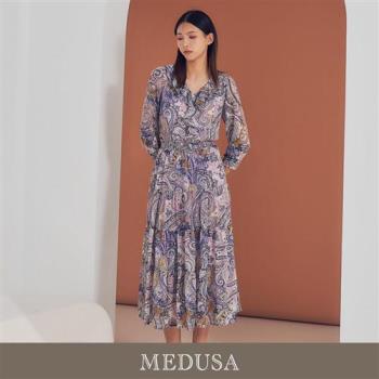 現貨【MEDUSA 曼度莎】粉紫荷葉印花雪紡長洋裝（M-XL）｜長洋裝 雪紡洋裝 連身長裙