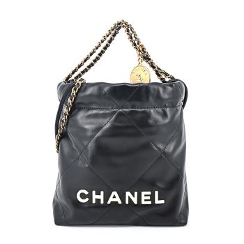 CHANEL 22 Mini Handbag菱格紋縫線亮面小牛皮肩揹包(黑色)