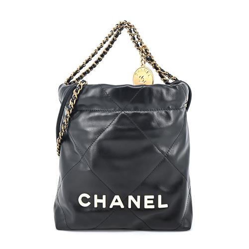 CHANEL 22 Mini Handbag菱格紋縫線亮面小牛皮肩背包(黑色)