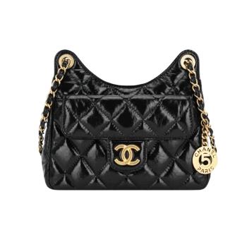 CHANEL Hobo Bag 經典雙C LOGO菱格紋小型小牛皮流浪包(黑色)