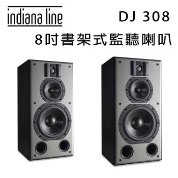 Indiana Line DJ 308 書架式監聽揚聲器，專為劇院音響設計，支援前置、左右、後置喇叭配置。義大利原裝進口，頻率響應40Hz至22kHz，靈敏度高達93dB，適閤家庭劇院或專業監聽使用。尺寸285x540x550mm，重量約9.5kg，黑色系外觀，消耗功率30-140W，BSMI及NCC認證，1年保固。