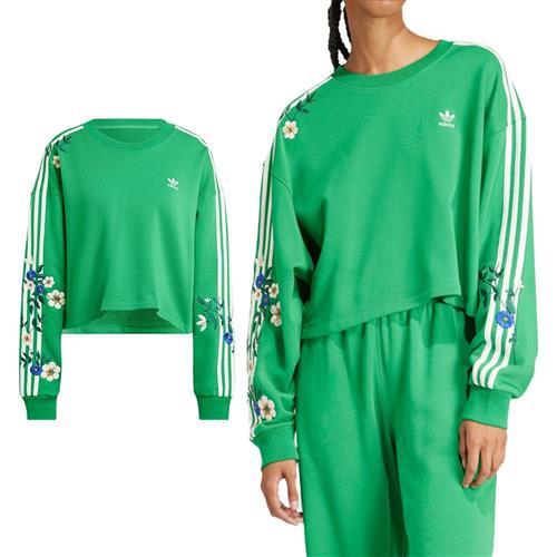 Adidas Floral Sweat 女 綠色 休閒 刺繡 花 圓領 上衣 長袖 IU2513