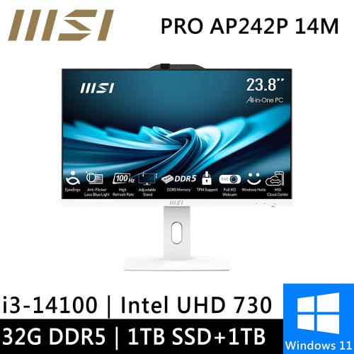 微星 PRO AP242P 14M-625TW-SP5 24型 白(i3-14100/32G/1TB PCIE+1TB HDD/W11)特仕版