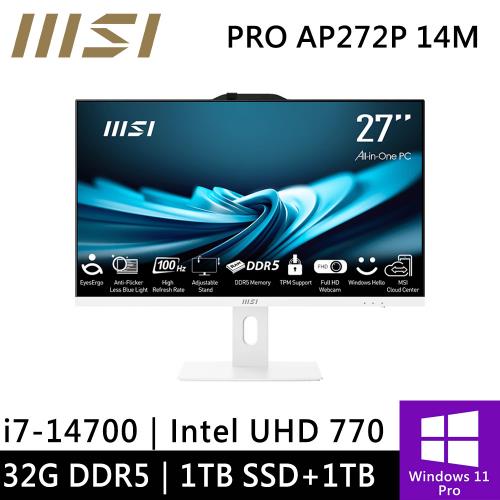 微星 PRO AP272P 14M-497TW-SP3 27型 白(i7-14700/32G/1TB PCIE+1TB HDD/W11P)特仕版