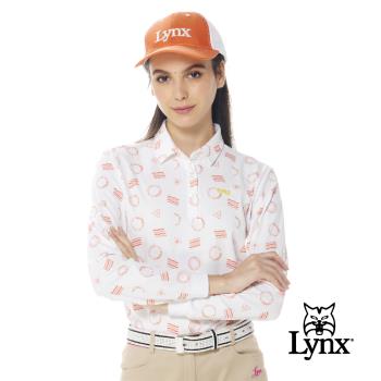 【Lynx Golf】女款吸濕排汗機能滿版波浪線圓形LOGO印花長袖POLO衫-桃粉色