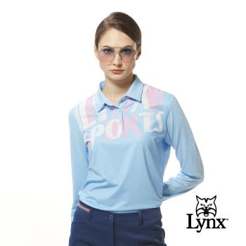 【Lynx Golf】女款吸濕排汗機能個性潮流LOGO字樣印花長袖POLO衫-淺藍色