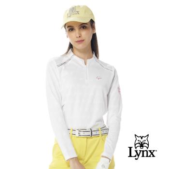 【Lynx Golf】女款吸濕排汗千鳥紋緹花布料LOGO針織帶剪裁設計長袖立領POLO衫/高爾夫球衫-白色