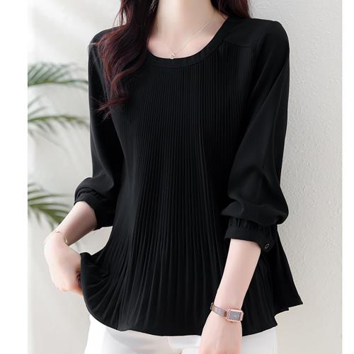 麗質達人 - 6625黑色百摺雪紡上衣