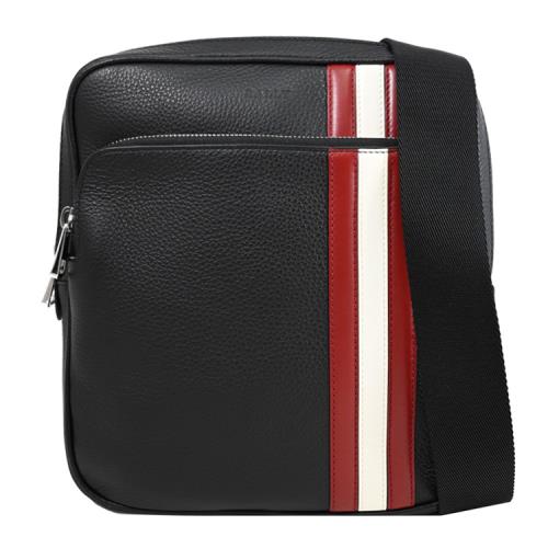 BALLY 6240418 COSMY 經典條紋荔枝牛皮斜背方包.黑