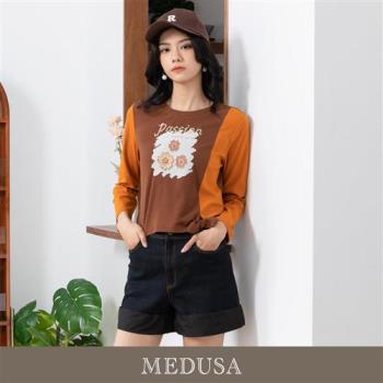 現貨【MEDUSA 曼度莎】小花撞色拼接綁結T（M-XL）｜女上衣 休閒上衣 長袖上衣