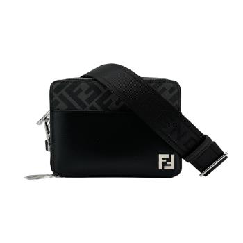 Fendi 皮革拼接 FF Logo多夾層斜背相機包(7M0357-黑灰)