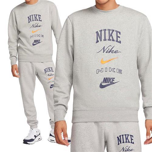 Nike Club Stack Crew 男款 灰色 麻灰 圓領 刷毛 多Logo 大學T 長袖 FN2611-063