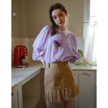 【 女神婚紗禮服】法式紫色條紋襯衫女寬鬆燈籠袖顯瘦上衣BL22216