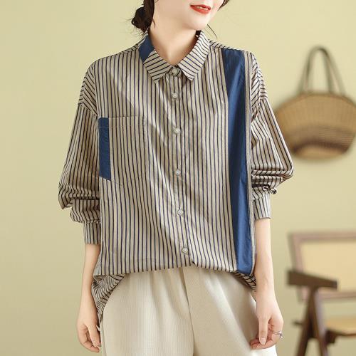 【10衣綾】文藝撞色豎條長袖襯衫(百搭/透氣/舒適/2色M-2XL/KDCY-9368)