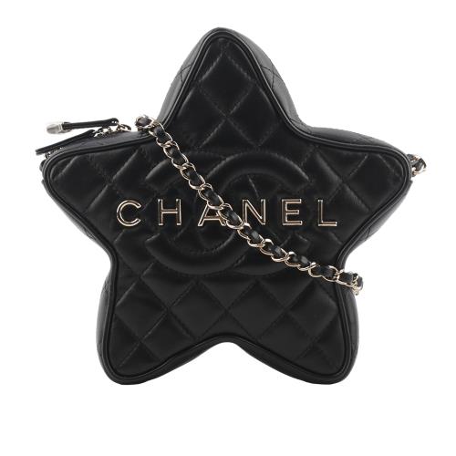 CHANEL 24C 金色標誌菱格紋小羊皮星星包(黑色) AS4579 B15493 94305