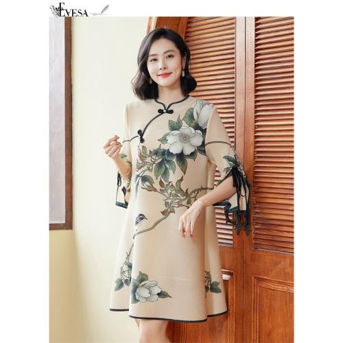 【伊凡莎名媛時尚】法式古典雅韻春潮花鳥印花壓褶洋裝