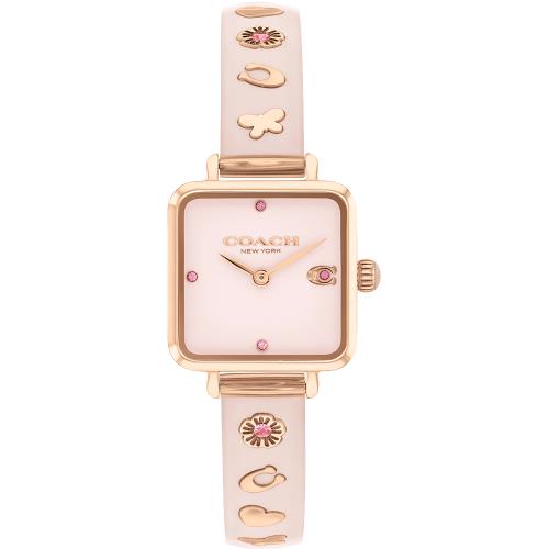 COACH 廣告款方形晶鑽手環式腕錶/22mm/粉紅X玫瑰金/CO14504309