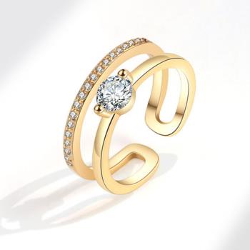 Jpqueen 幾何女孩韓版簡約氣質鑲鑽鏤空雙層開口可調整戒指(2色可選)