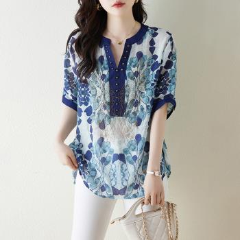【ALLK 歐楷】新品 長版印花雪紡衫上衣 2色(尺寸L-XXL/中大尺碼/涼爽/透氣)