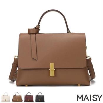 【MAISY】復古都市簡約真皮鎖釦手提單肩包(現+預 白色 / 卡其色 / 酒紅色 / 黑色)
