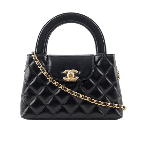 CHANEL 金色CC Logo 皺褶牛皮迷你二用包/凱莉包(黑色) AS4416 B15566 94305