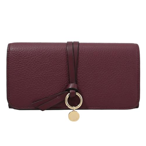 CHLOE ALPHABET 綁結金屬LOGO吊飾翻蓋發財長夾.酒紅