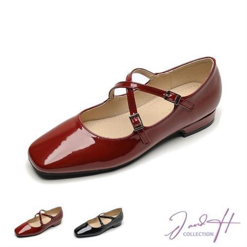 【J&amp;H collection】韓版交叉帶低粗跟法式氣質瑪莉珍鞋(現+預  黑色 / 紅色)
