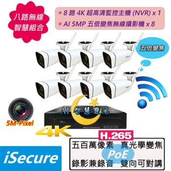iSecure 八路 WiFi 無線監視器組合: 一部八路 4K 網路型監控主機 (NVR) +八部智慧雙光 5MP 光學變焦無線攝影機 (PoE)
