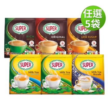 【SUPER-超級】三合一即溶咖啡/奶茶系列 X任選5袋組 (口味任選)+贈【SUPER】超級保溫杯(贈完為止)