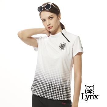 【Lynx Golf】女款吸溼排汗機能側開拉鍊造型半身千鳥紋印花短袖POLO衫/高爾夫球衫-白色