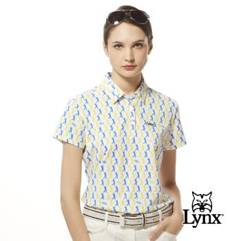【Lynx Golf】女款吸溼排汗機能滿版配色人物揮桿動作圖樣印花短袖立領POLO衫/高爾夫球衫-白色