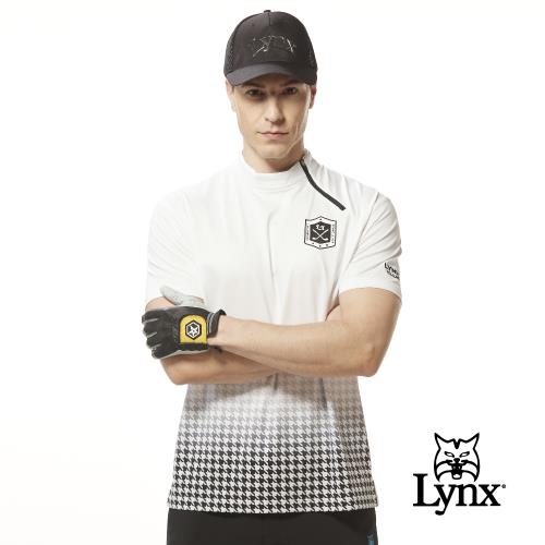 【Lynx Golf】男款吸溼排汗機能側開拉鍊造型半身千鳥紋印花短袖POLO衫/高爾夫球衫-白色