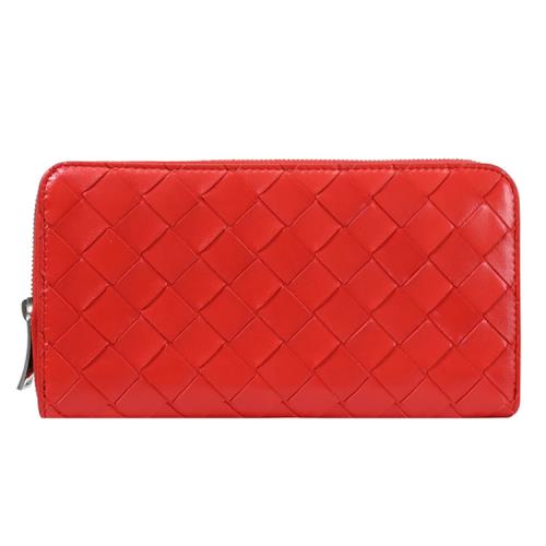 BOTTEGA VENETA 608051 經典編織小羊皮ㄇ字拉鍊長夾.紅