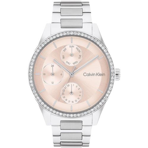 Calvin Klein 凱文克萊 典雅晶鑽三眼時尚腕錶/粉紅X銀/38mm/CK25100007