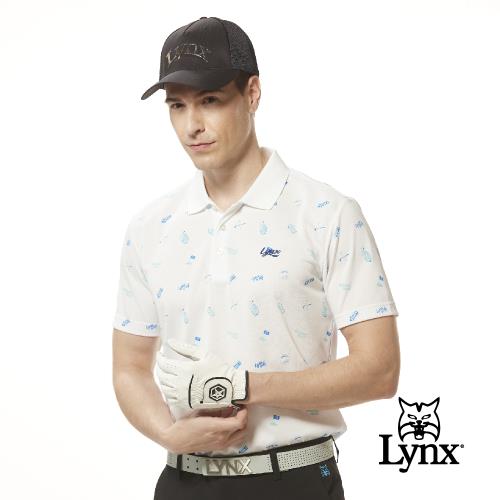 【Lynx Golf】男款吸濕排汗機能網眼材質高爾夫圖樣Lynx草寫繡花短袖POLO衫/高爾夫球衫-白色