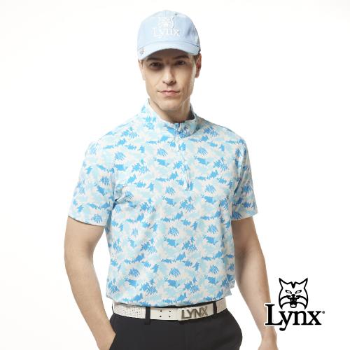 【Lynx Golf】男款吸溼排汗機能街頭塗鴉風格圖樣印花短袖立領POLO衫/高爾夫球衫-淺藍色
