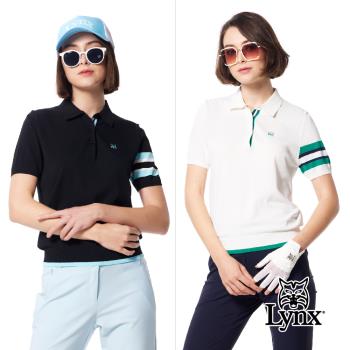 【Lynx Golf】女款彈性舒適羅紋造型袖配色設計LOGO緹花工藝短袖POLO領毛衣-白色