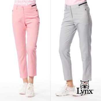 【Lynx Golf】女款彈性舒適布料夜光織帶設計膠印設計拉鍊口袋窄管九分褲-灰色
